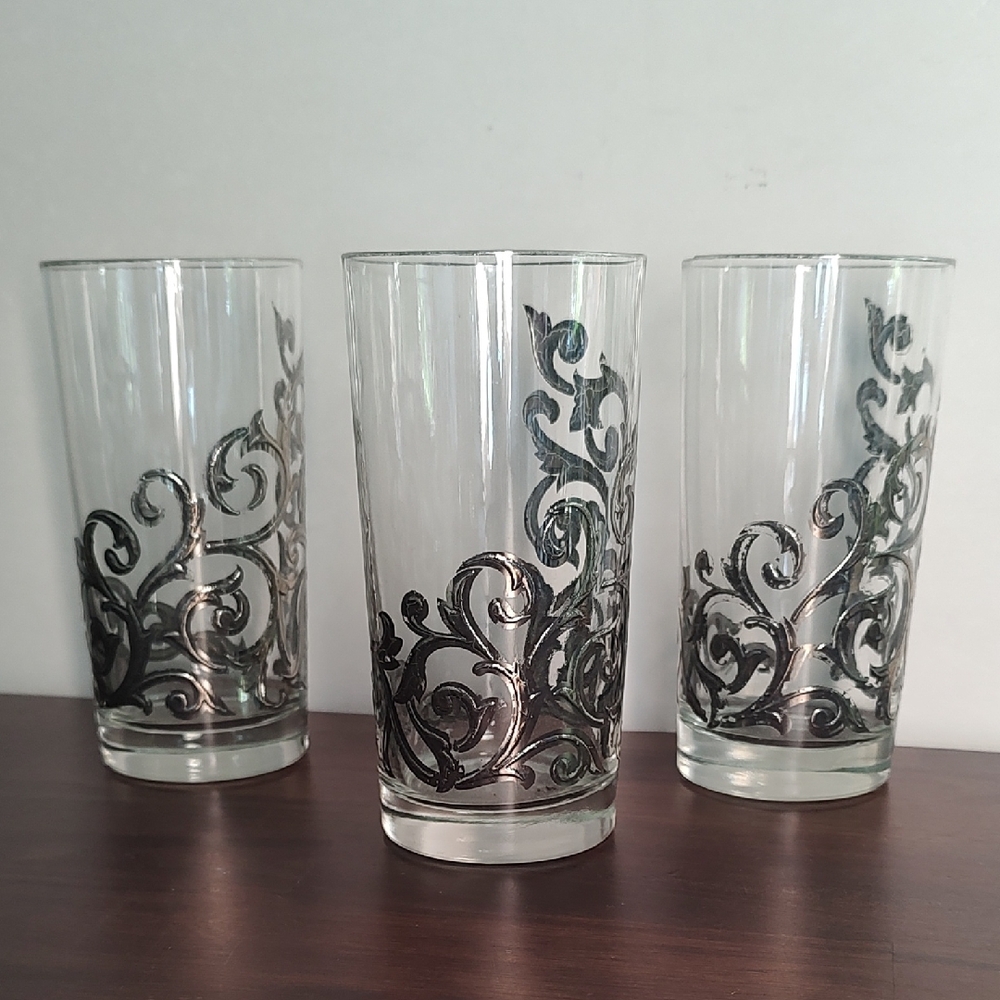 3 Libbey PLATINUM SCROLL Collins Tumbler Glasses 12 Oz Mid Century Glassware